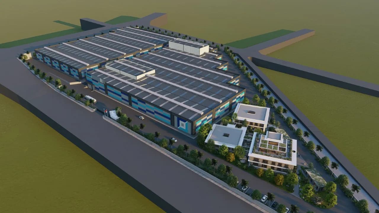 Flokser Lojistik Depo yerleşkesi kuşbakışı mimari renderı